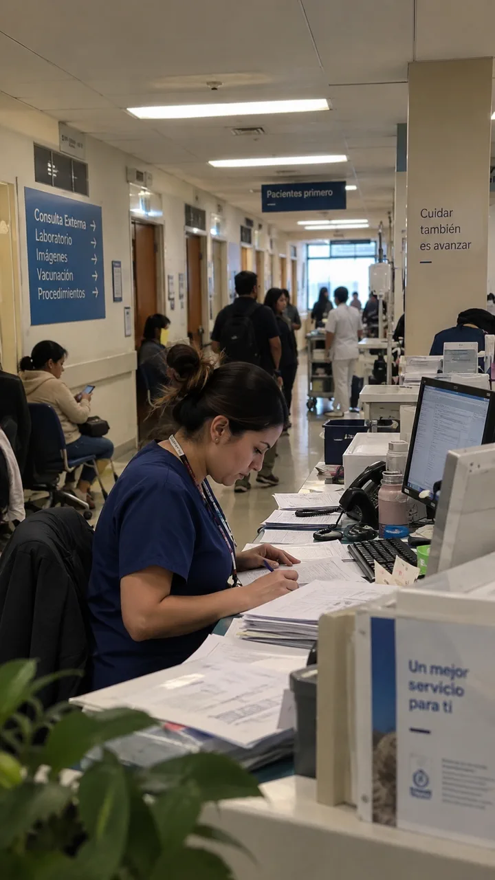 Personal de salud atendiendo pacientes en un área de admisiones.