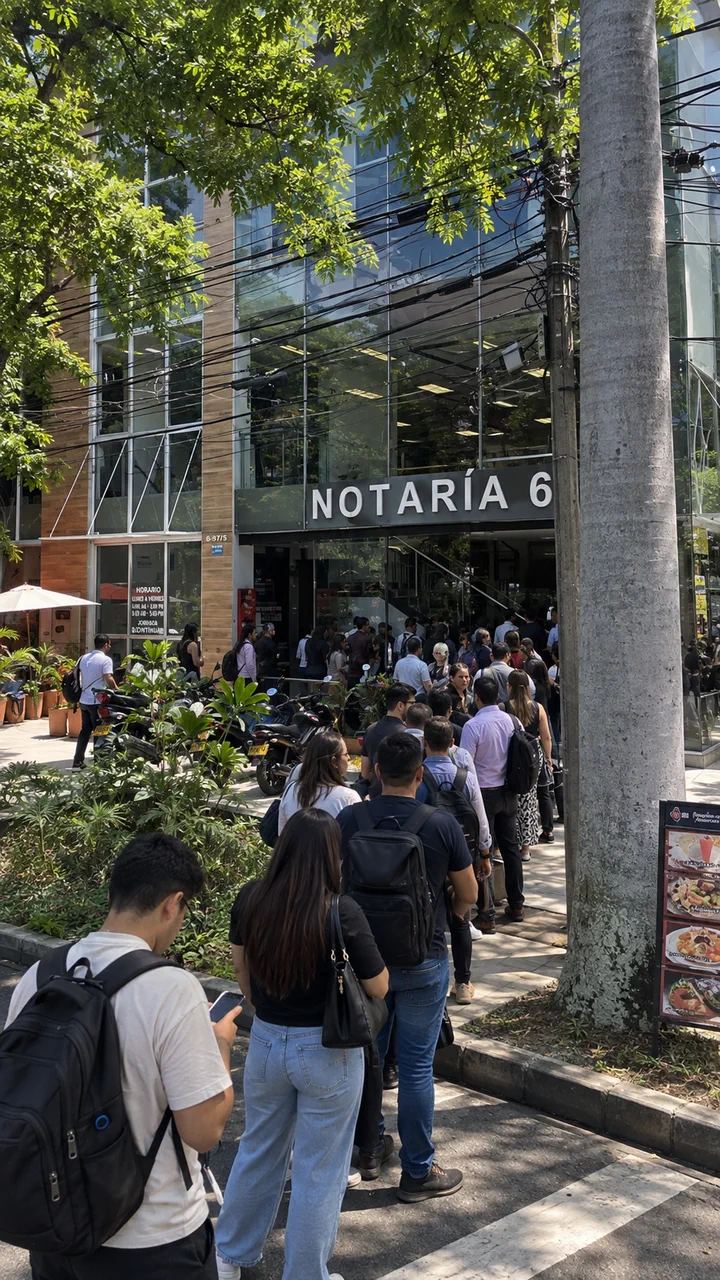 Fila de ciudadanos frente a una notaría.