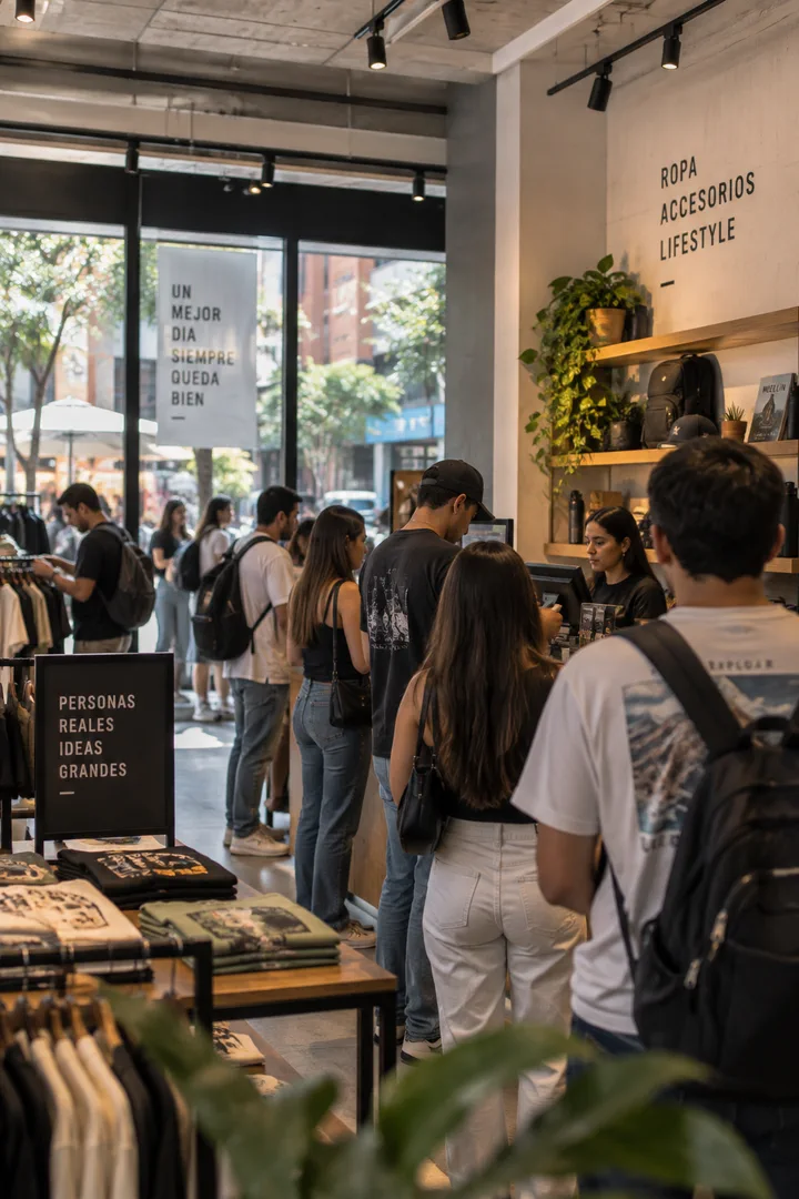 Clientes esperando su turno para pagar en una tienda de ropa.