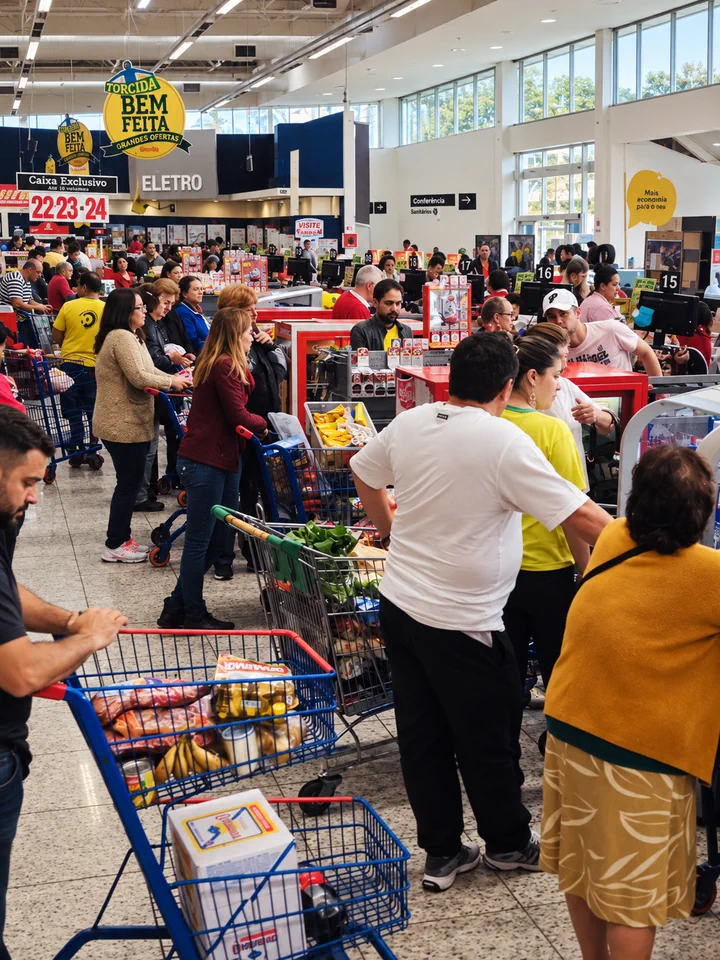 Clientes haciendo fila en las cajas de un supermercado.